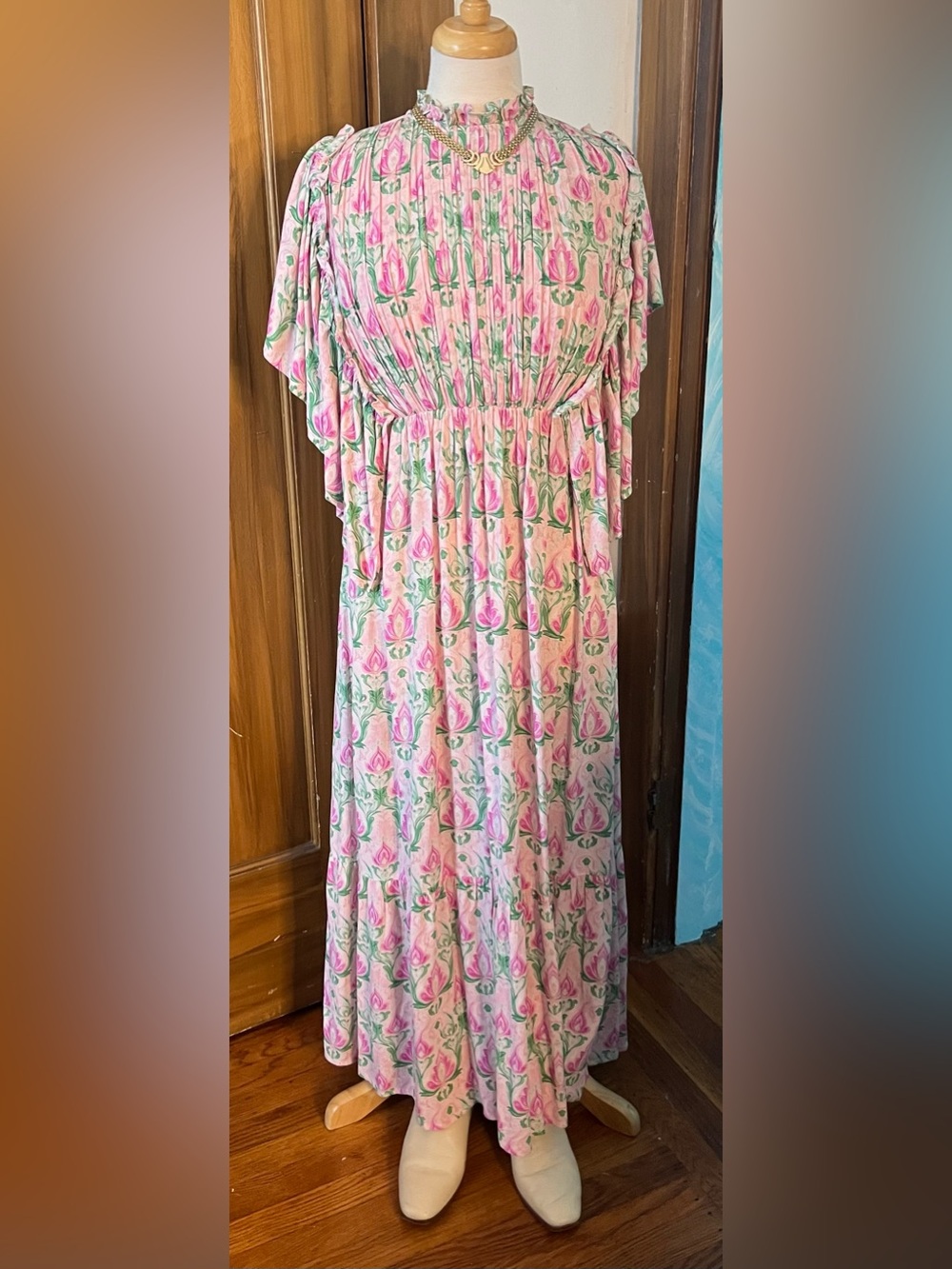 Pink and Green Floral Maxi Dress